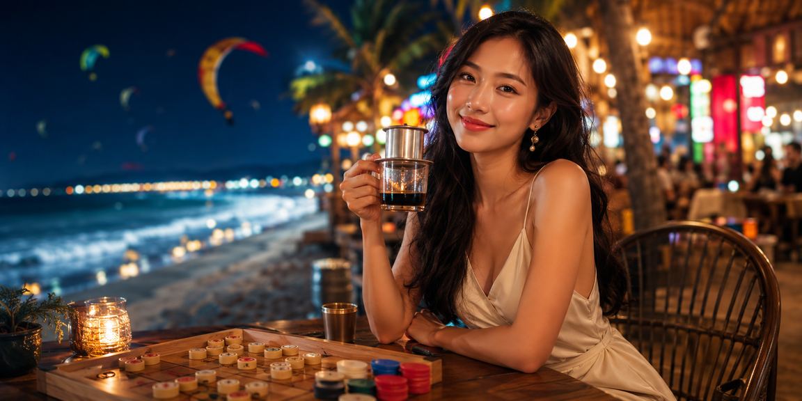 Nhóm bạn tại Mũi Né ngồi quán cà phê thảo luận về chiến lược chơi bài và tận dụng khuyến mãi